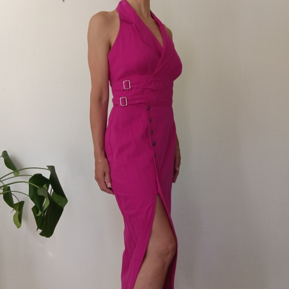 Vintage Karen Alexander Backless Halter Button Front Fuchsia Pink Midi Dress